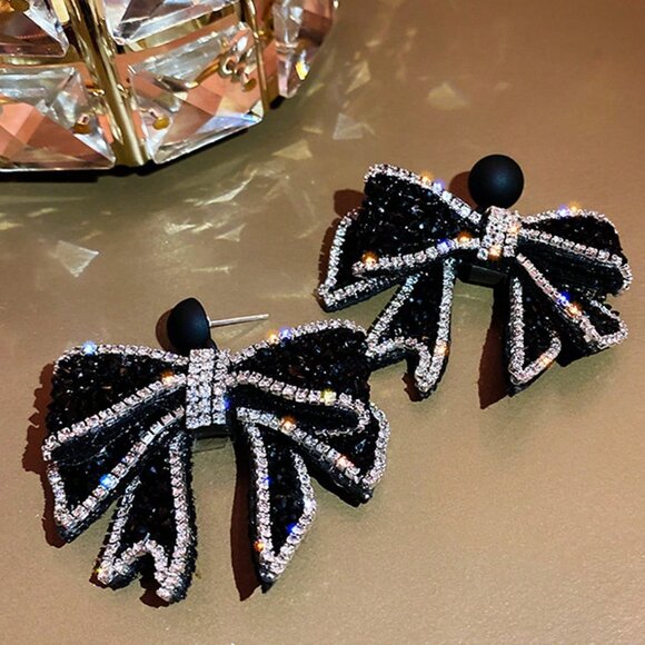 Black Elegant Women's Rhinestone Bowknot Dangle Earrings - Picture 3 of 4
